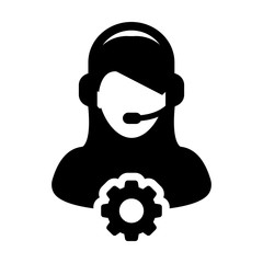 Customer care icon vector female business support service person profile avatar with headphone and gear cogwheel for online assistant in a glyph pictogram illustration