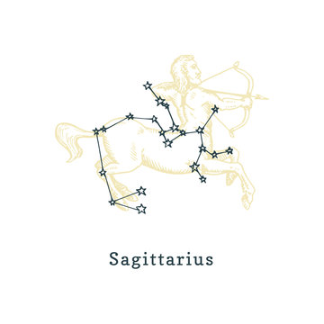 Zodiacal constellation of Sagittarius on background of drawn symbol in engraving style. Vector illustration of Centaur.