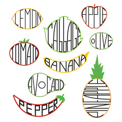 Fruit and vegetable vector flat icons set isolated on a white background.