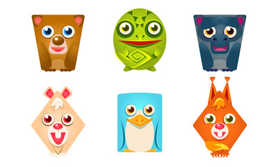 Cute Animals of Geometric Shape Set, Bear, Frog, Bull, Rabbit, Penguin, Fox Vector Illustration