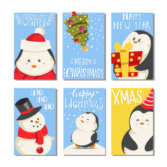 Funny Christmas penguin vector card template set isolated on a white background.