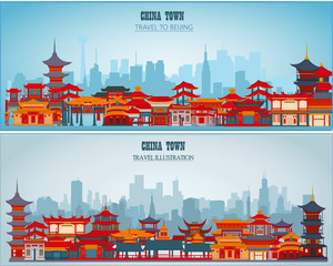Vector greeting cards with Chinese traditional buildings and gates on a blue background.