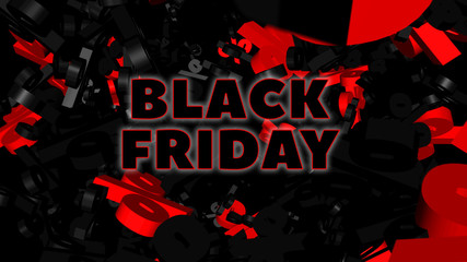 Black Friday sale banner. Lot of percent signs and words at the middle. 3d rendering, CGI background.
