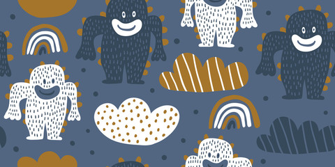 Kids seamless pattern with colorful cute monsters 