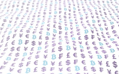 Bitcoin and currency on a white background. Digital crypto currency symbol. Wave effect, currency market fluctuations. Business concept. 3D illustration