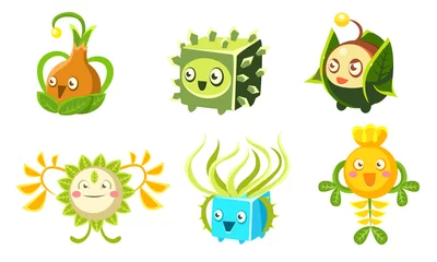 Fotobehang Cute Funny Monsters Set, Colorful Fantasy Plants Characters, Mobile or Computer Game User Interface Assets Vector Illustration © topvectors