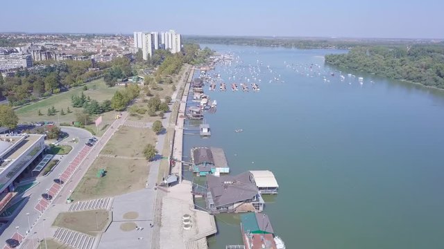 Fantastic sliding aerial shot of Zemun kej and Danube river, Belgrade