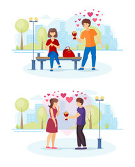 Valentine's day poster with in love couple. Man giving to woman a bouquet of flowers on a romantic date. Vector cartoon illustration