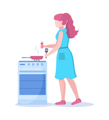 Woman cooking in kitchen. Young girl preparing dinner lunch healthy food in the kitchen vector cartoon illustration