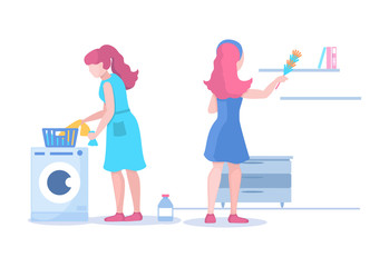 Home cleaning dirty living room and bathroom. Woman cleaning service with washing machine and cleaning shelves from dust. Household, housekeeping cartoon vector illustration isolated