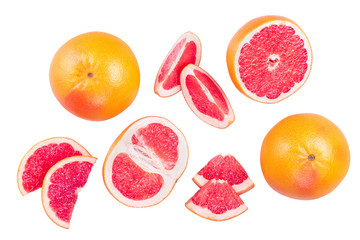 Grapefruit and slices isolated on white background. Top view. Flat lay