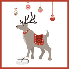 Scandinavian Christmas, New Year greeting card, invitation. Hand drawn illustration of reindeer with Christmas balls, gift, present and red frame. Vector background. Cute winter design.