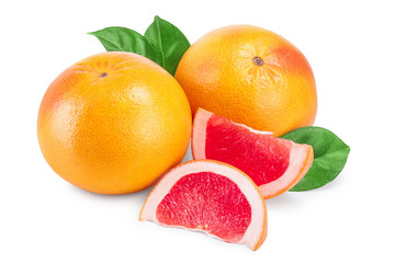 grapefruit and slice with leaves isolated on white background