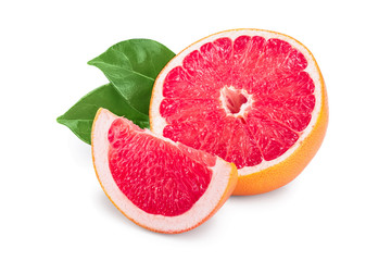 Grapefruit slice with leaves isolated on white background
