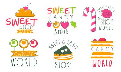 Candy World Logo Templates Set, Sweet and Tasty Store Bright Hand Drawn Badges Vector Illustration