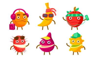 Fotobehang Funny Exotic Fruit Characters Set, Orange, Banana, Apple, Kiwano, Lychee Different Activities Vector Illustration © topvectors
