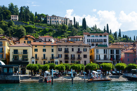 View from Lake Como to the city of Bellagio on a sunny day. Northern Italy