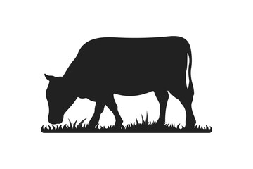 Cow silhouettes on grass. Cow grazing on meadow vector cartoon illustration.