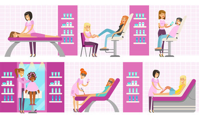 Beauty Salon Interior with Workers and Clients Set, People Having Defferent Treatment Procedures, Massage, Pedicure, Electrolysis, Waxing Vector Illustration