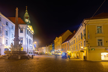 Fototapeta na wymiar Town Square with Town Hall at night, Ljubljana