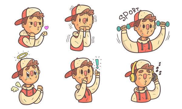 Boy Wearing Cap Showing Different Emotions Set, Funny Male Cartoon Character with Various Face Expressions Vector Illustration