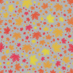 bright colorful seamless scattered maple leaf pattern in vibrant autumn colors on a light grey background