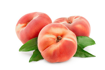 Ripe chinese flat peach fruit with leaf isolated on white background