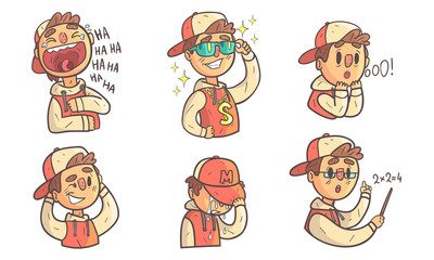 Boy Wearing Hoodie and Cap Showing Different Emotions Set, Funny Male Cartoon Character with Various Face Expressions Vector Illustration