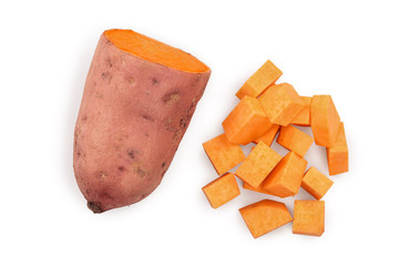Sweet potato isolated on white background closeup. Top view. Flat lay.