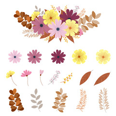 Multicolored flowers and leaves set, wedding concept Invitation letter for greeting cards on white background