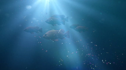 fish swarm swimming through plastic pollution, micro plastic particles in ocean water - obrazy, fototapety, plakaty