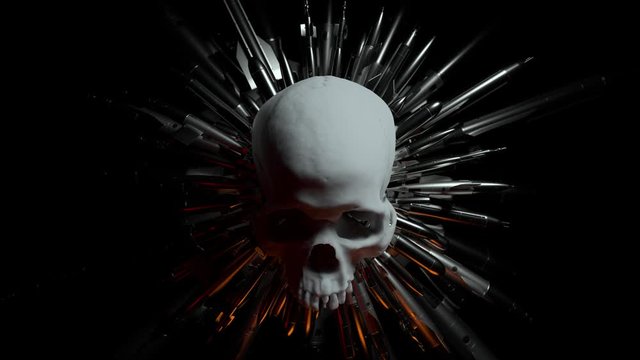 3d render of missiles cloned in round form around detailed skull. Dark theme. Military or army threat.