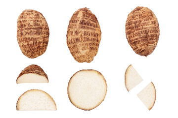 fresh taro root isolated on white background. Top view. Flat lay, Set or collection