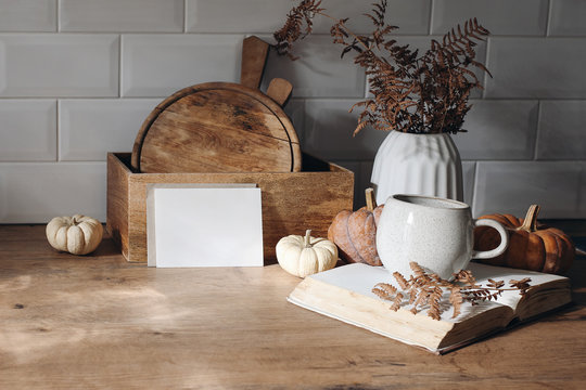 Autumn mockup scene. Blank card, open book, cup of coffee, wooden chop boards and dry fern leaves in sunlight. Fall kitchen still life with pumpkins. Wooden table background. Thanksgiving, Halloween.