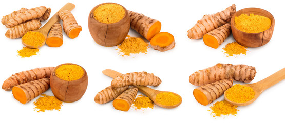 Set or collection turmeric powder and turmeric root isolated on white background with copy space for your text. Top view. Flat lay