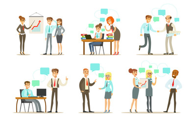 Business People Characters Working in the Office Set, Male and Female Managers or Employees Metting, Discussing Projects and Working Together Vector Illustration