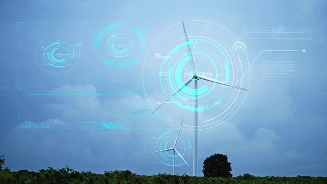 Modern Wind Turbines with digitally generated holographic display tech data visualization.Wind Turbines with clean energy counter layout for sustainable development in a green ecologic way