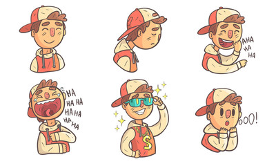 Boy Showing Different Emotions Set, Male Cartoon Character Wearing Hoodie and Cap with Various Face Expressions Vector Illustration