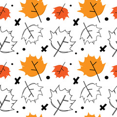 Red, orange and outline autumn maple leaves fall and flight on white background. Vector seamless pattern for textile design and printing.
