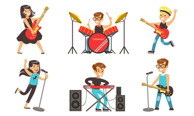 Children Playing Musical Instruments and Singing, Teenage Boys and Girls Performing on Stage Vector Illustration