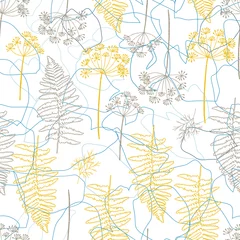 Fototapeten Vector seamless pattern with hand drawn dill or fennel flowers and fern leaves. Realistic plants outlines in pastel colors © dinadankersdesign