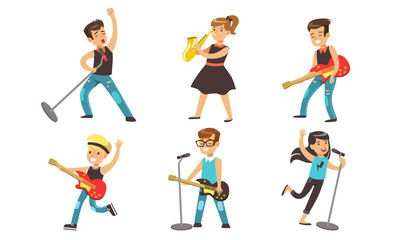 Fototapeta na wymiar Kids Playing Musical Instruments and Singing, Teenage Boys and Girls Performing on Stage Vector Illustration