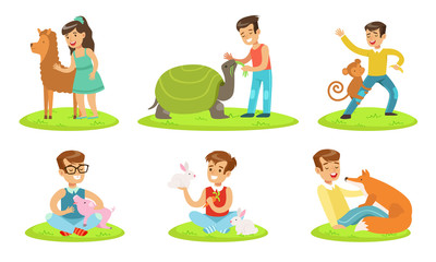 Happy Children and Cute Animals In Petting Zoo Set, Boys and Girls Playing, Feeding and Hugging with Alpaca, Turtle, Monkey, Piglet, Rabbit, Fox Vector Illustration