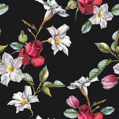 Stof per meter Floral seamless pattern with watercolor roses and white flowers © lesia_a