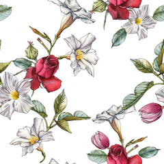 Floral seamless pattern with watercolor roses and white flowers