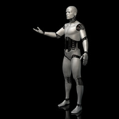 futuristic robot, male android presenting an empty space, cyborg on shiny stage background