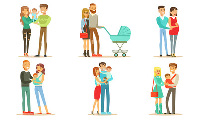 Naklejka premium Happy Families with Babies Set, Smiling Mother, Father and Kids, Family Couple Expecting Baby Vector Illustration