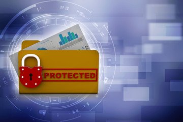 Yellow folder and lock. Data security concept. 3D rendering