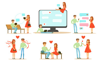 Couple Using Mobile Application for Dating, Young Man and Woman Chatting Online with Their Gadgets Vector Illustration