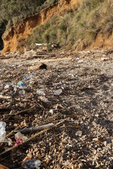 Plastic waste deposited from the sea on the beach after the storm. Liguria, Italy.